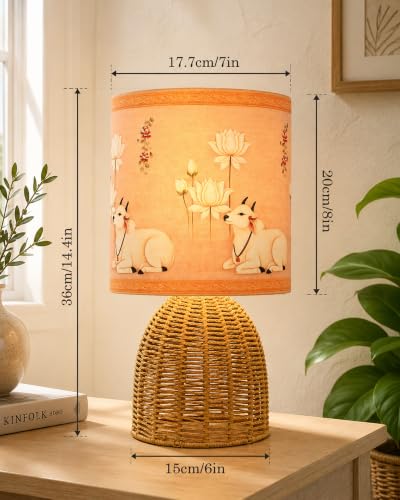 Image of Homesake Handwoven Rattan Table Lamp with Pichwai Art Printed Fabric Shade, Decorative Raffia Oval Bedside Lamp, Boho Cane Table Lamp with E27 Holder & Bulb Included, Living Room & Bedroom Home Decor