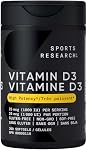 Sports Research® Vitamine D3 + K2 w/Coconut MCT Huile - Vitamine D végane 1000iu (25mcg) & Mk-7 Vitamine K 120mcg - Certifié végétalien · Non-OGM · Sans soja - 90 Mousselines