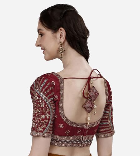 Image of Pujia Mills Mills Women's Fancy Readymade Heavy Coding Embroidary Worked Half Sleeve Multicolor Saree Blouse(Mushroom)