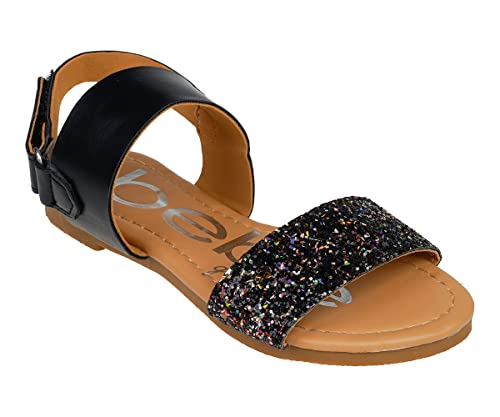 Image of bebe Girl's Sparkly and Strappy Glitter Leatherette Flat Sandals with Adjustable Strap (Toddler /Little Kid)