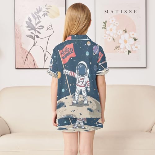 ALAZA Cute Astronaut Solar System Hello World Space Satin Pajamas Set Short Sleeve Button Down Sleepwear Summer Pjs 2 Piece4