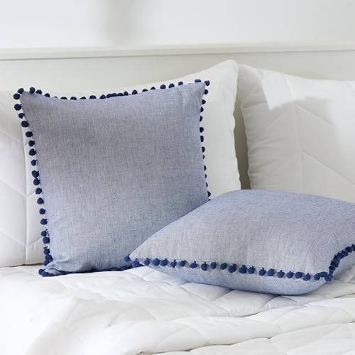 Image of 100% Cotton Pom Pom Cushion with Filler, Elegant & Modern Cushion Cover for Living Room, Square Shape, 16 inchx16 inch, uni Chambray, Set of 2 - Navy