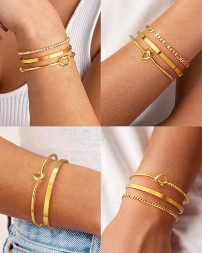 Howoo Gold Bangle Bracelets for Women 18K Plated Gold Cuff Bracelet Cuban Figaro Link Chain Knot Beaded Jewelry Sets4