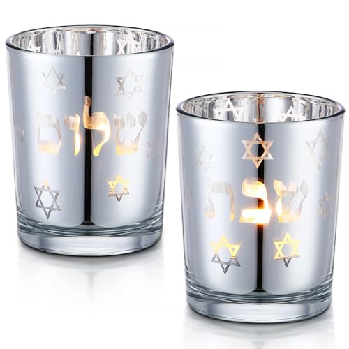 Image of Honeydak Set of 2 Shabbat Tealight Holders Silver Jewish Judaica Gift Set Electroplated Glass Modern Shabbat Decorative Light Holders for Tea Lights Hanukkah Gifts