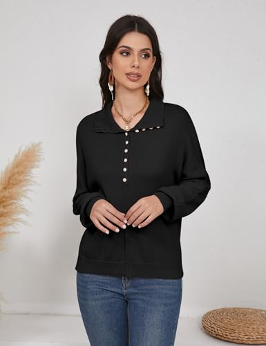Image of SPR&JOY Women's Batwing Long Sleeve Knit Sweaters, Button Up V Neck Casual Pullover, Lapel Collar Oversized Solid Jumper Tops