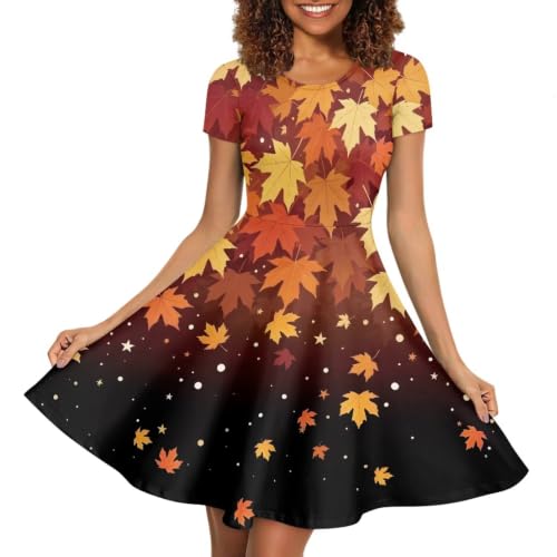 Image of HUGS IDEA Womens Puffy Swing Midi Dress Round Neck Short Sleeve Party A-Line Dresses