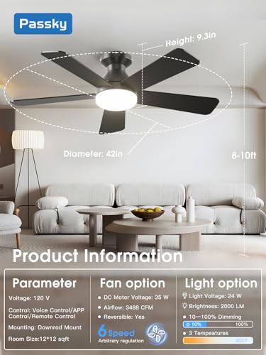 Image of Passky 42 Inch Smart Ceiling Fans with Lights, Low Profile, Alexa, Black | Remote /Alexa Voice Control, 6 speeds, Dimmable 3CCT Light, Quiet Reversible DC Motor, Timer, Memory, Flush Mount for Bedrooms