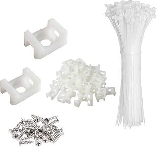 White Cable Zip Tie Mounts Kit-50 Pcs Cable Zip Tie Saddle Type Mounts Base With 50 Pcs 8" Cable Ties And 50 Pcs Tapping Screw, Wire Cable Clips Organizer Holders Clamps