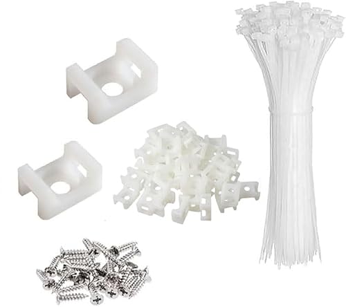 Image of White Cable Zip Tie Mounts Kit-100 Pcs Cable Zip Tie Saddle Type Mounts Base with 100 Pcs 8" Cable Ties and 100 Pcs Tapping Screw, Wire Cable Clips Organizer Holders Clamps
