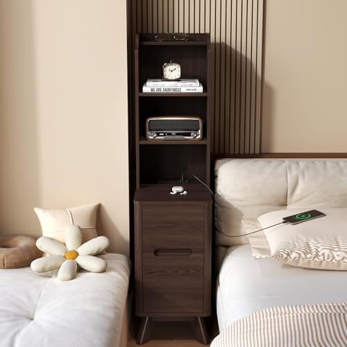 Tall Narrow Nightstand with Bookshelf 47 Side Table with Charging Station
