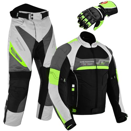 Fully Protective Motorbike Suit With Waterproof 2 Piece Full Suit in Cordura Fabric and CE Approved Armours - Jacket+Trouser+Gloves All Season (Green, M - 38 Chest / 32 Waist + Free Gloves)