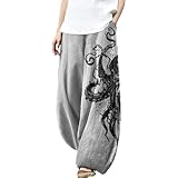 MARSVOVO Palazzo Pants for Women Novelty Octopus Print Hippie Wide Leg Pants Trousers Plus Size Lounge Casual Elastic Waist Lantern Harem Pants with Pockets Swing Gray,XL