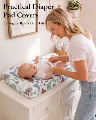 Image of Yoofoss 2-Pack Diaper Changing Pad Cover for Boys 32x16 (Dinosaur) | Soft & Easy-to-clean & Breathable, 360 Full Elastic Fit, Microfiber Fitted Sheets for Changing Table Pad