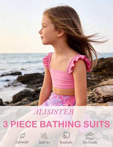 Image of ALISISTER Girls Swimsuit 3 Piece Bathing Suits Summer Bikini Tankini Sets with Cover Up Skirt for 4-12 Years