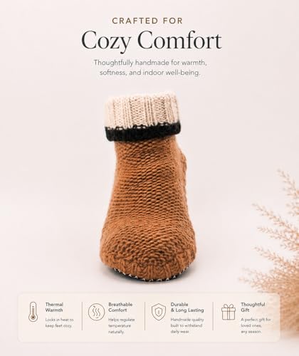Image of Tibetan Socks Wool Hand Knit Fleece Lined Mid Bootie Slipper Sock Non Slip Sole