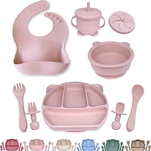 Image of Anari Silicone Baby Feeding Set - 10pcs Baby Led Weaning Supplies with 3-in-1 Cup, Divided Plate, Bowl, Spoon, Fork - Baby Feeding Supplies for 6+ months old