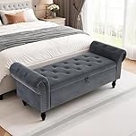 Clevich Ottoman Storage Bench, Velvet End of Bed Storage Box with Lid, Sturdy Wood Legs Footrest, 168KG Load Capacity, Sofa Bench for Bedroom/Living Room, 133x53x46cm (Grey)