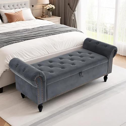 Clevich Ottoman Storage Bench Velvet End of Bed Storage Box with Lid Sturdy Wood Legs Footrest 168KG Load Capacity Sofa Bench for Bedroom/Living Room 133x53x46cm (Grey)