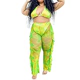Women Plus Size See Through Sheer Mesh Bandage Two Piece Bikini Cover Up Crop Tops and Legging Pants Yellow 3XL