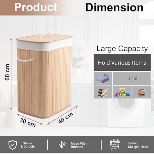 Image of Kuber Industries 72 Ltr Rectangular Bamboo Laundry Basket For Clothes With Lid | Washing Clothes Storage Bag & Laundry Box - Light Brown