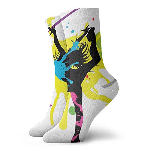 Fashion Compression Socks,Dancing Girl With Paint Splashes Colorful Background Contemporary Illustration,Performance Polyester Cushioned Athletic Crew Socks for Running,Athletic, -12 inch
