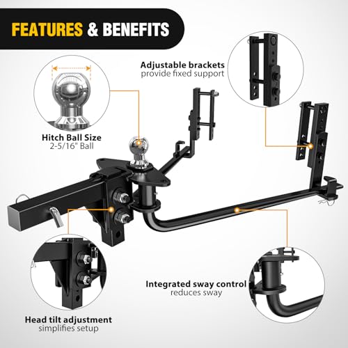 Image of Nilight 800 lbs Round Bar Weight Distributing Hitches Kit with Sway Control, 2-in Solid Steel Shank, 2-5 /16 in Alloy Steel Ball