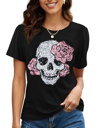 Image of PESION Womens Short Sleeve T-Shirt Sequined Tops O-Neck Funny Graphic Tees Blouse, Black+ Rose Skull, XXL
