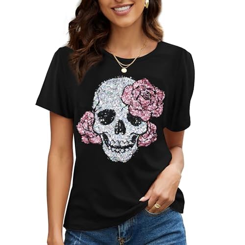 PESION Womens Short Sleeve T-Shirt Sequined Tops O-Neck Funny Graphic Tees Blouse 3X-Large Black+ Rose Skull