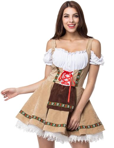 GRAJTCIN Oktoberfest Costumes Women Velvet German Bavarian Dirndl Dress Beer Maid Outfit for Halloween Carnival (L, Khaki)
