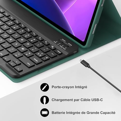 Funda con teclado Lenovo Tab M10 3ª Gen 10.1 pulgadas AZERTY francés desmontable color verde oscuro 5