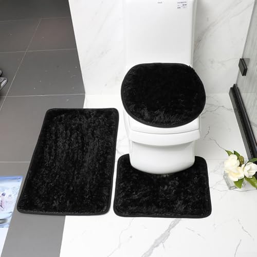 Weiches Mikrofaser-Badezimmerteppich-Set, 3-teilig, Badematte + Konturmatte + Toilettensitzbezug, rutschfester Badezimmerteppich, geeignet für die meisten Toiletten (schwarz) – Bild 5