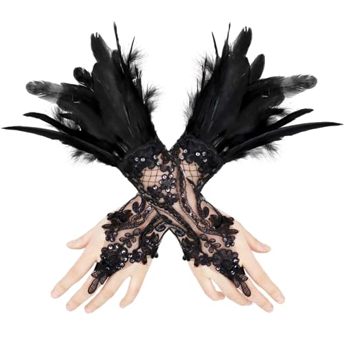 ZOCONE Spitzenhandschuhe Federn Schwarz Handschuhe Vintage Feder Spitze Fingerlose Handschuhe Black Swan Kostüm 20er Jahre Damen Federhandschuhe für Hochzeiten Halloween Kostümpartys