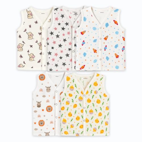 Image of Kidbea Muslin Cotton Baby Jabla for Boys & Girls | Cute Printed Soft V-Neck, Sleeveless Baby Jhabla Vest for Newborns & Infants