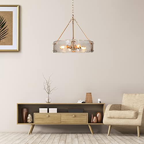 Zevni Gold Chandelier, 4-Light Modern Chandelier Light Fixture, 19.5" Dia Glass Drum Chandelier For Dining Room, Foyer, Kitchen, Bedroom, Living Room #TOP4