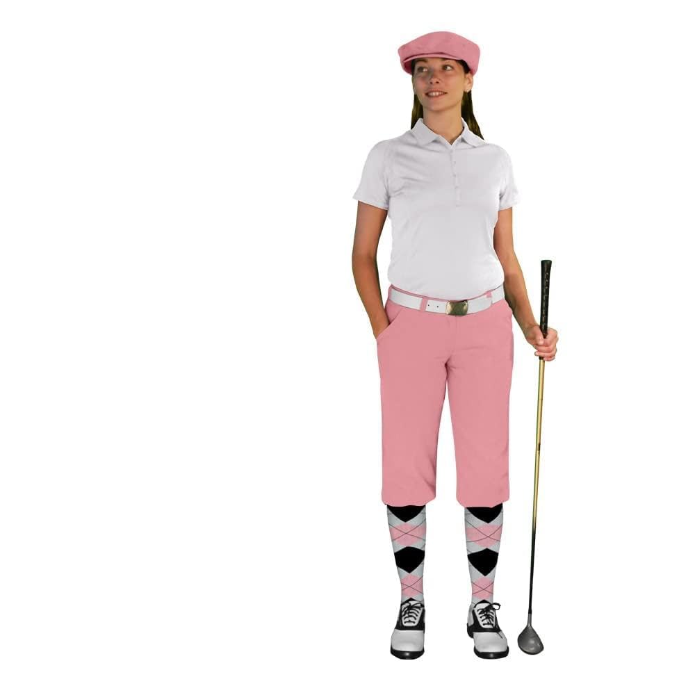Golf Knickers Ladies Select A Style Outfit - Matching Golf Cap - Pink - Waist 0 - Sock - White/Pink/Black