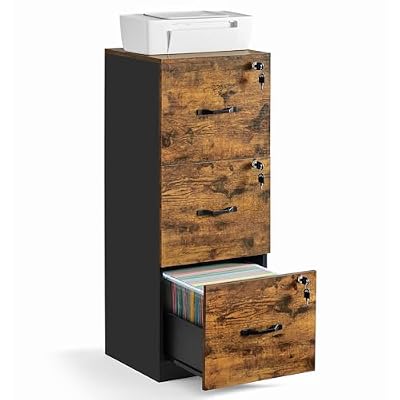 VASAGLE Custos Collection File Cabinet, 3 Drawer Filing Cabinet for Home Office, with Wheels, for A4, Letter Sized Documents, Hanging File Folders, Rustic Brown UOFC055KD01