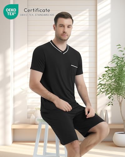 Image of NACHILA Pajamas Set for Men-Viscose Made from Bamboo, Short Sleeve Sleepwear Cool Pjs with Shorts Pants Soft Loungewear