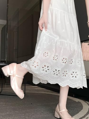 ebossy Womens Boho Eyelet Embroidery Cotton Skirt Elastic High Waisted Flowy Tiered A-Line Midi Long Skirts2