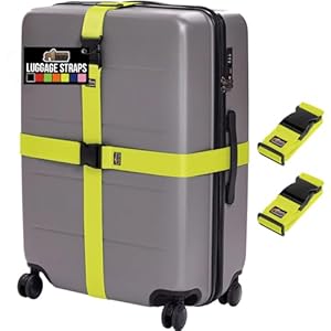 GORILLA GRIP Heavy Duty Adjustable Luggage Straps for Suitcases, Easy to Identify Travel Belt Connector Holds Suitcase Together, Extends Life of Bag, Strap Connects Two Bags, Accessories 2 Pack Yellow