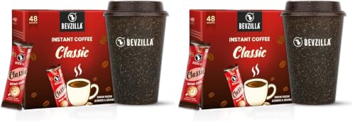 Image of Bevzilla 48 Classic Instant Coffee Sachets with Eco-Friendly Bio-Composite Tumbler | Bamboo Fiber, Coffee Husk & Rice Husk | Plastic-Free Cafe-Style Coffee Kit | Enjoy Hot & Cold (Pack of 2)