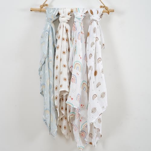 Image of 4 Set Muslin Swaddle Blankets Receiving Blanket for Newborn Baby | Boys, Girls Cute Soft Print Baby Towel Wrap 120x110cm Baby