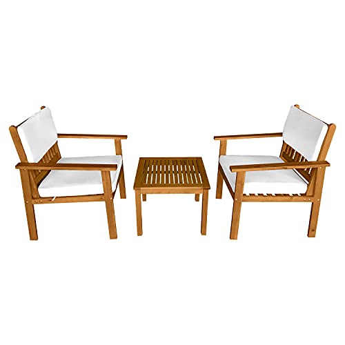 FDW 3-Piece Patio Furniture Set Acacia Wood Patio Bistro Set Outdoor Chat Conversation Table Chair Set Wood Chat Set with Water Resistant Cushions and Coffee Table Chairs for Beach Backyard Garden