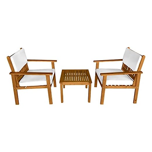3-Piece Acacia Wood Patio Bistro Set Patio Furniture Outdoor Chat Conversation Table Chair Set Outdoor Wood Chat Set with Water Resistant Cushions and Coffee Table Chairs for Beach Backyard Garden