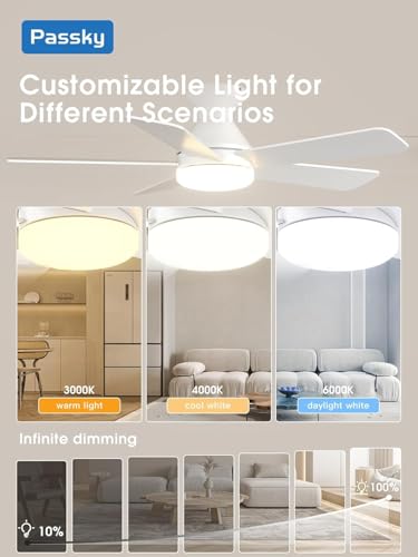 Image of Passky 42 Inch Smart Ceiling Fans with Lights, Low Profile, Alexa, White | Remote /Alexa Voice Control, 6 speeds, Dimmable 3CCT Light, Quiet Reversible DC Motor, Timer, Memory, Flush Mount for Bedrooms