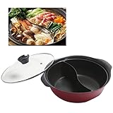 卓上鍋 仕切り鍋 約28cm 3-5人用 両手鍋 2食鍋 ガス火 IH対応 ガラス蓋付 軽量タイプ フッ素加工 異なる味でも一緒に煮込める 鍋料理 火鍋 しゃぶしゃぶ 湯豆腐 おでん うどん ラーメン などに