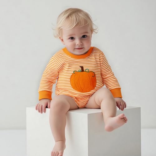Newborn Baby Boy Halloween Outfit Fall Clothes Long Sleeve Striped Waffle Pumpkin Sweatshirt Bubble Romper4