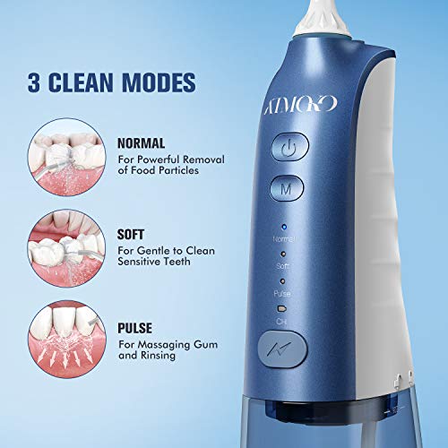 Water Flosser Cordless, ATMOKO Portable Dental Oral Irrigator for Teeth, 3 Modes and 8 Jet Tips, IPX7 Waterproof, USB Charged 4 Hrs for 30-Days Use, Home, Travel, Braces, Bridges Care