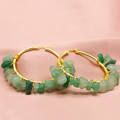 Dajuetree Crystal Earrings For Women 18K Gold-Plated Hoop Natural Stone Raw Healing Crystal Earrings Irregular Handmade Amethyst Green White Pink Rose Quartz Earrings Jewelry Gifts For Teen Girls 50Mm #TOP3