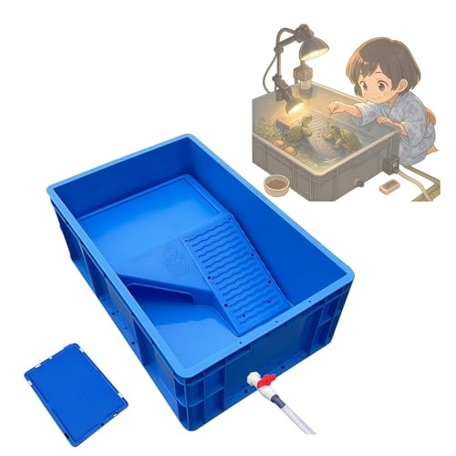 Starshine 亀 水槽 蓋付き飼育ケース 排水孔・階段・日向ぼっこ台付き 脱走防止 観察に最適 初心者向け 大きい亀の水槽セット 大亀用 爬虫類・両生類繁殖ボックス (ブルー,60×40×23cm)