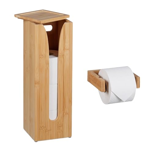 Relaxdays Toilettenpapierhalter Set, Bambus, 4 Rollen, WC-Rollenhalter Wandmontage & Ersatzrollenhalter stehend, natur